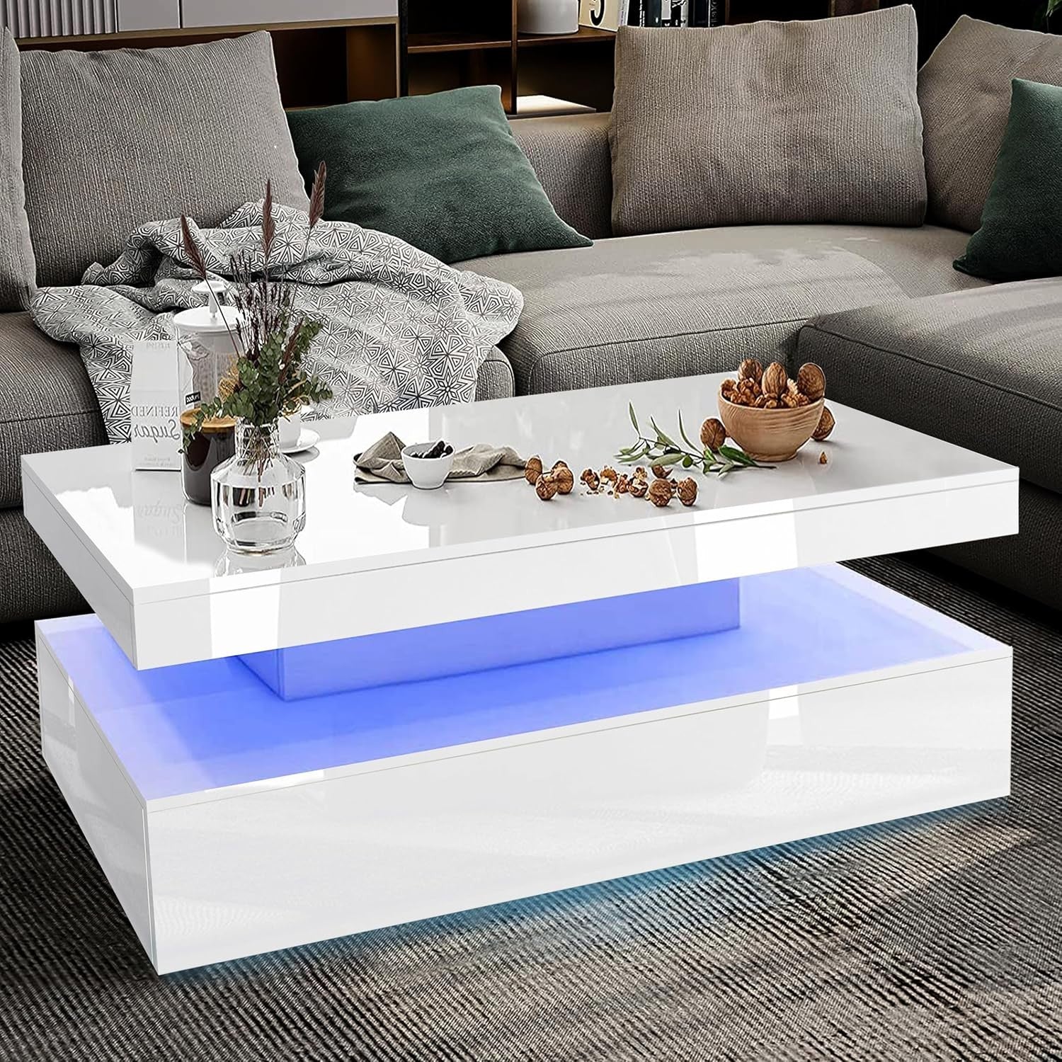 White High Gloss LED Coffee Table with Storage Drawers | 94cm RGB Lights