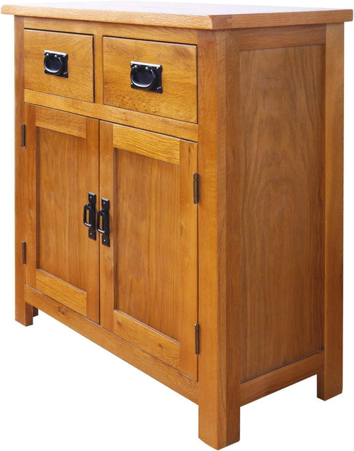 Rustic Oak Sideboard with 2 Drawers & 2 Doors – Solid Wood Mini Cabinet 75cm