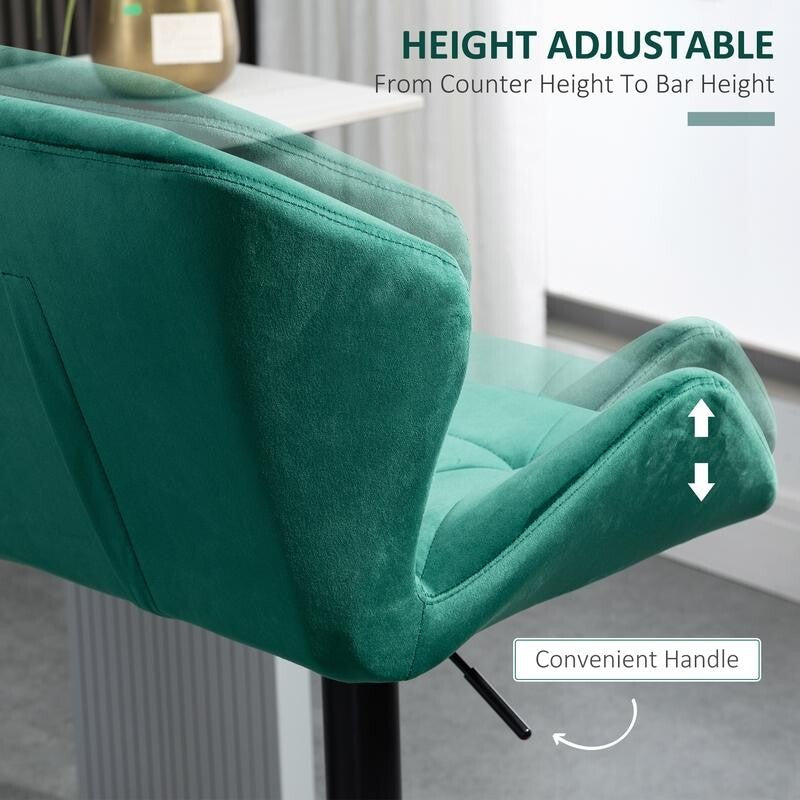 2x Green Velvet Bar Stools Adjustable Swivel Chairs with Footrest