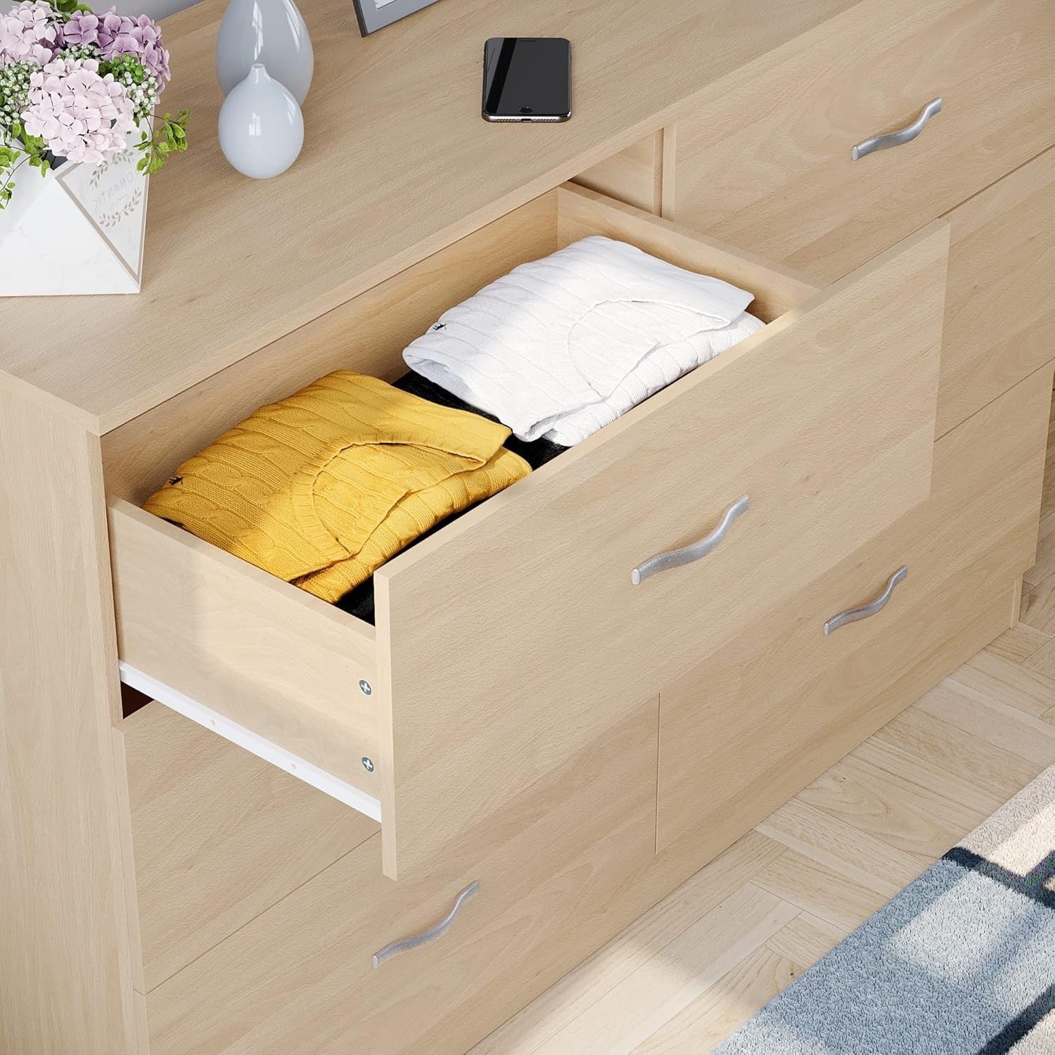 Pine 6 Drawer Wide Chest Bedroom Storage Unit Sliding Drawers Flatpack