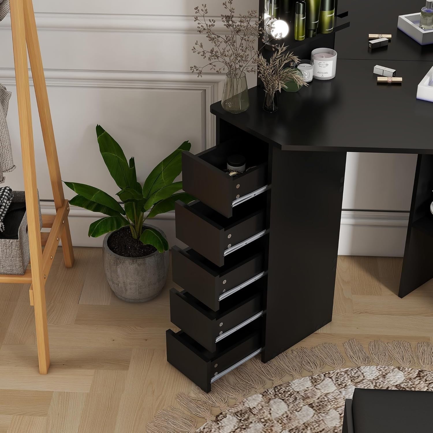 Modern Corner Dressing Table 10 LED Lights 5 Drawers Vanity Mirror Desk Black/Wh