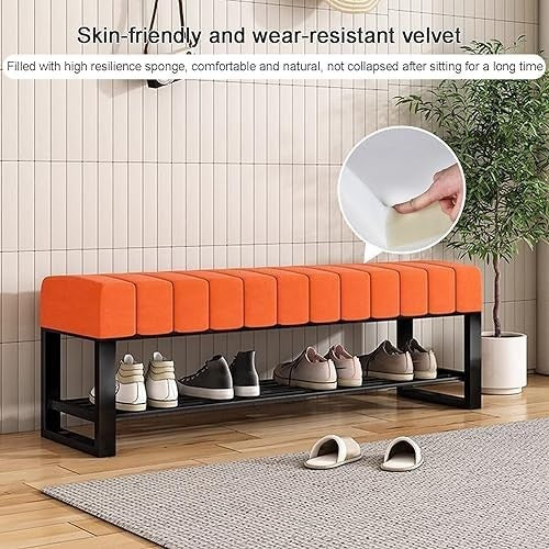 2-Tier Velvet Shoe Bench with Padded Seat – Entryway & Bedroom Rack Orange
