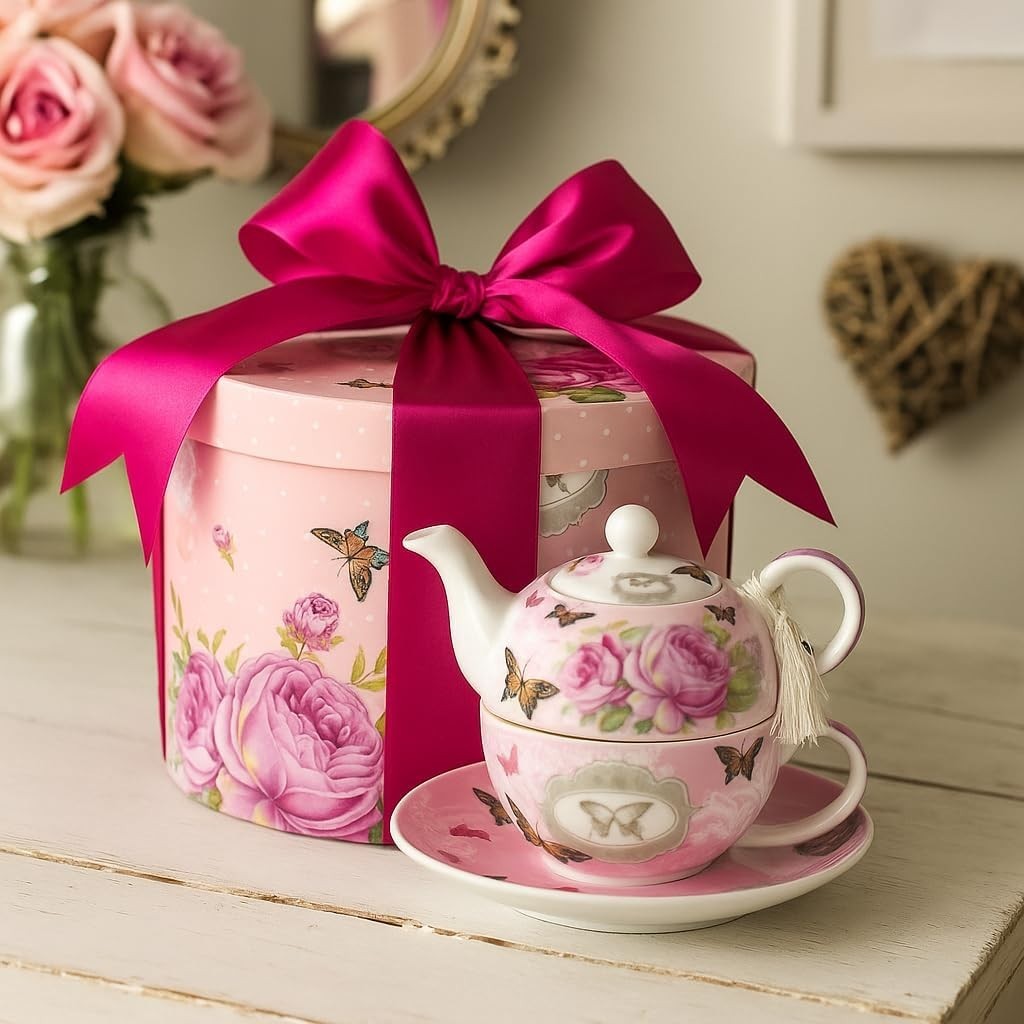 Tea for One Teapot Cup Saucer Set Vintage Rose Floral Gift Box Pink