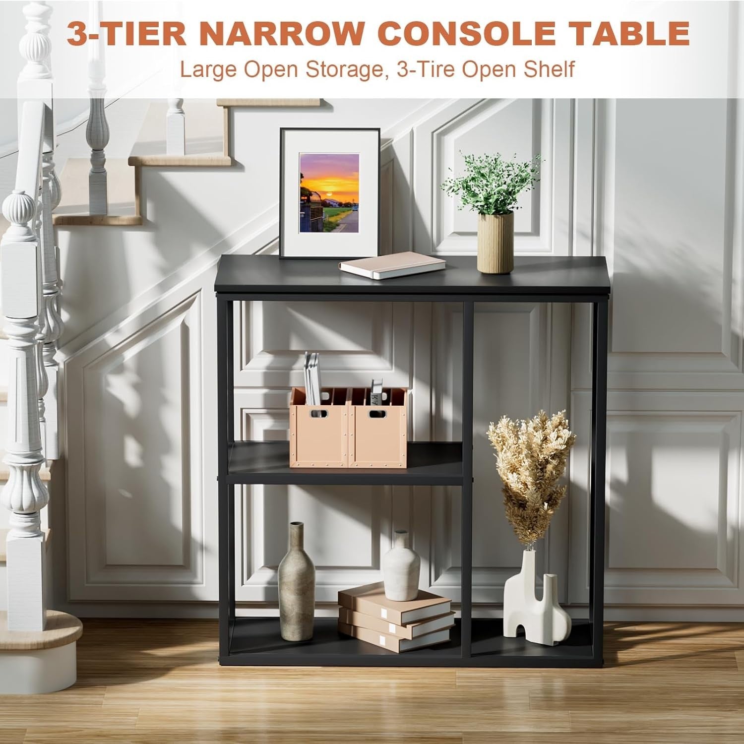 Compact Industrial 3-Tier Console Table with Storage Shelves – Black 80x30x80cm