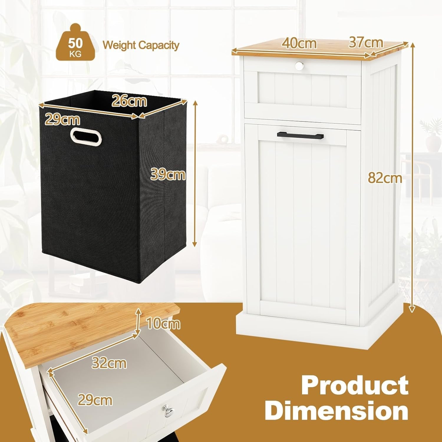 White Tilt-Out Laundry Cabinet with Drawer & Removable Hamper | Freestanding Bat