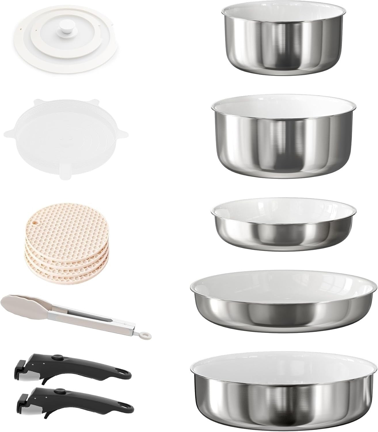 5Pcs Stainless Steel+ Pots Pans Set with Lids & Detachable Handle Induction Safe