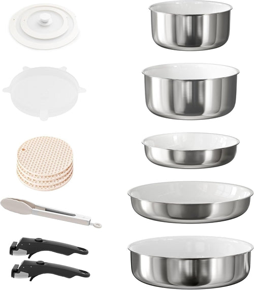 5Pcs Stainless Steel+ Pots Pans Set with Lids & Detachable Handle Induction Safe