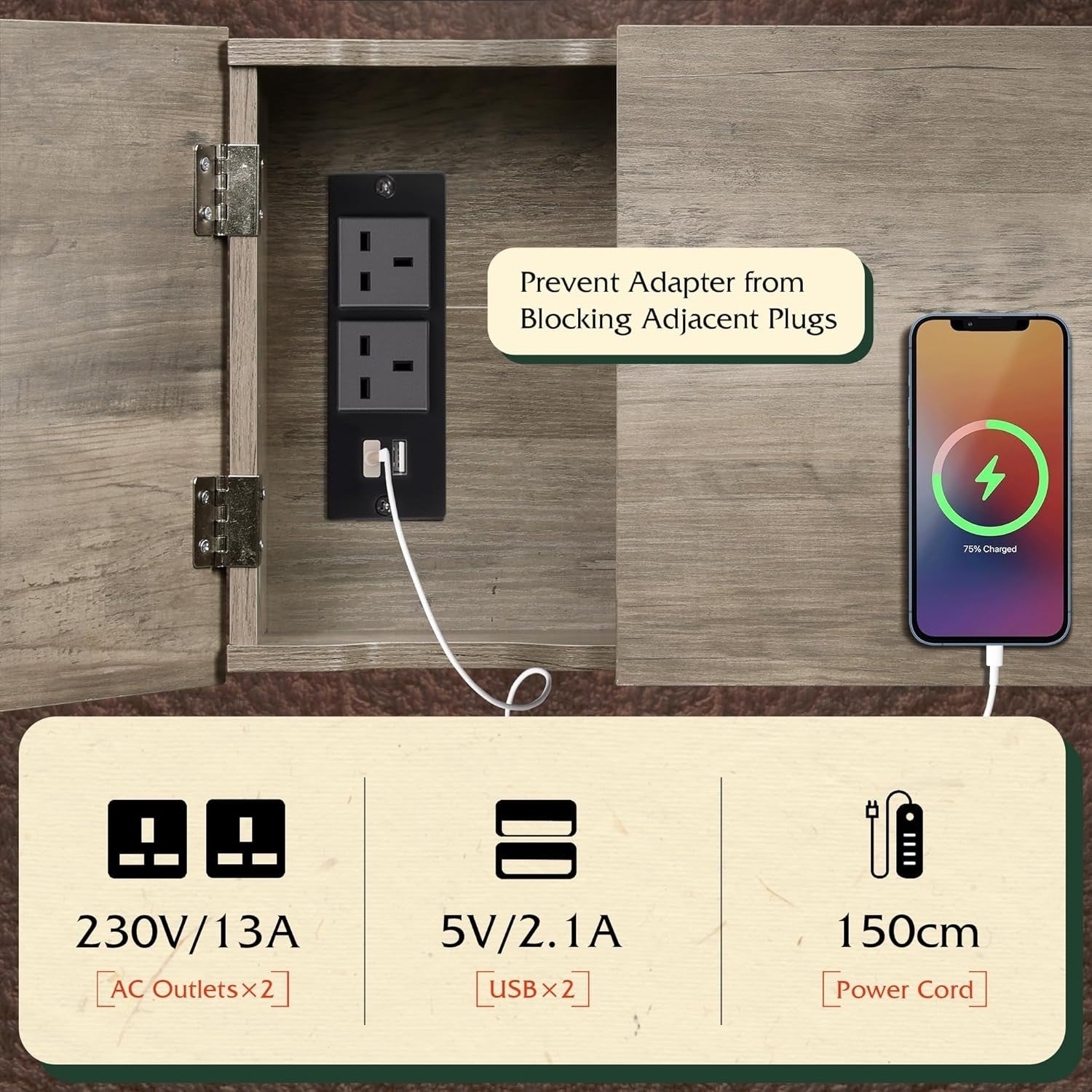 Narrow Side Table with USB & AC Charging – Grey Oak, 30x60x61cm