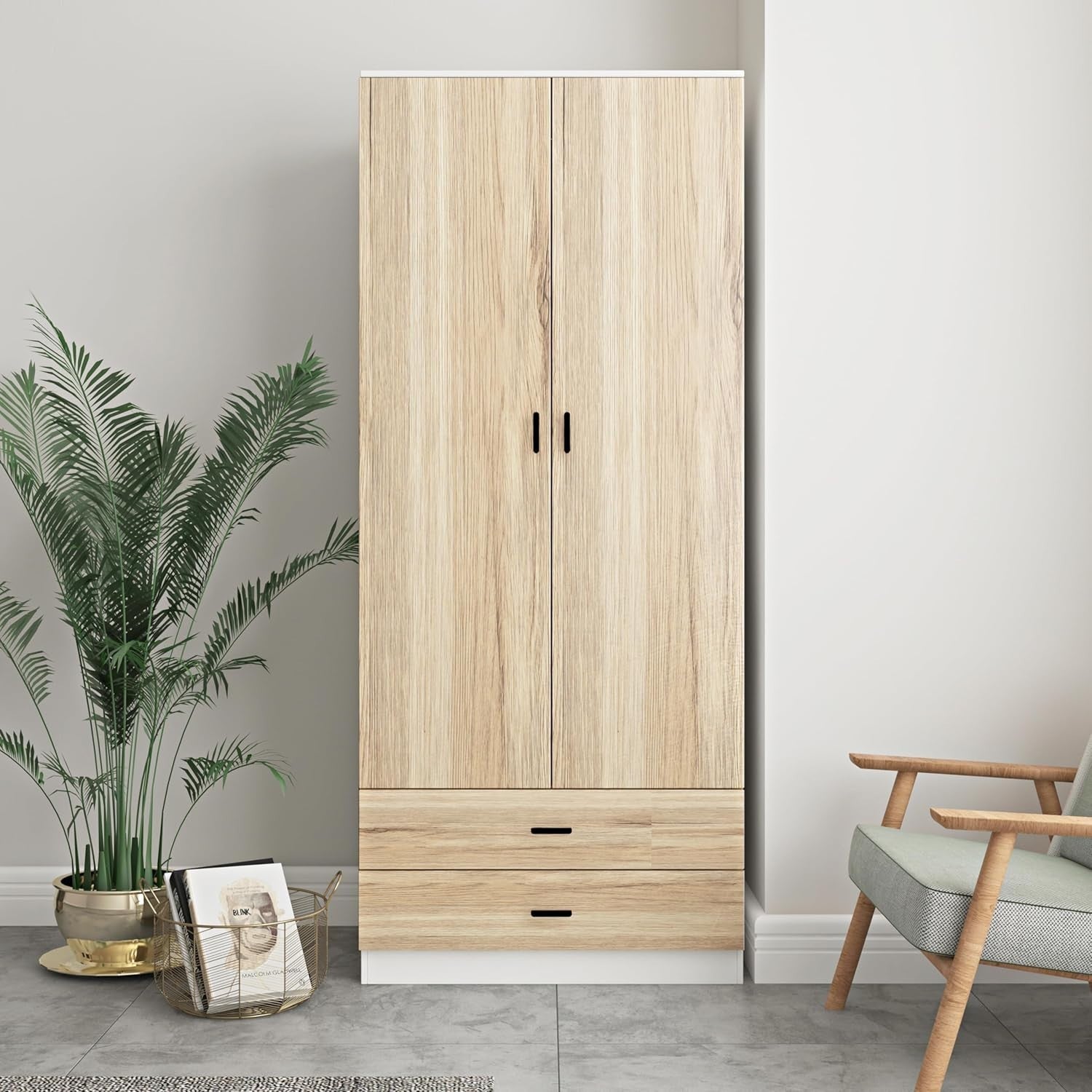 2 Door Wardrobe Oak Drawers Storage Unit With Rail for Bedroom Clothes