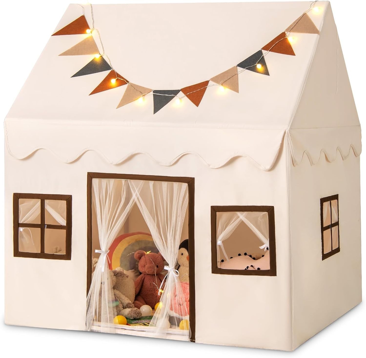 Large Kids Castle Play Tent Indoor Outdoor w Lights Mat Windows Flags