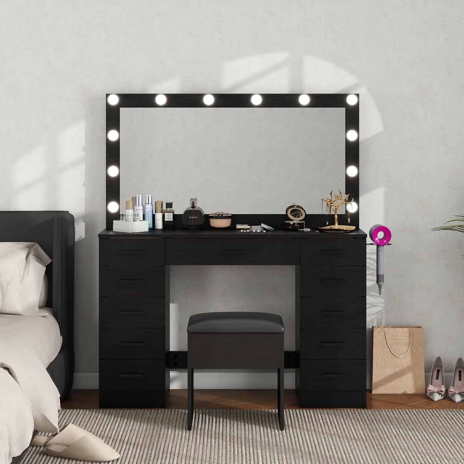 Vanity Makeup Dressing Table Set 11 Drawers LED Mirror Stool Storage Black White