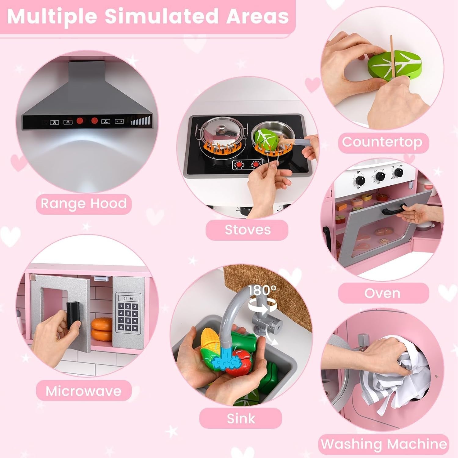 Kids Corner Play Kitchen Wooden Toy Set Light Sound Ice Dispenser Pink