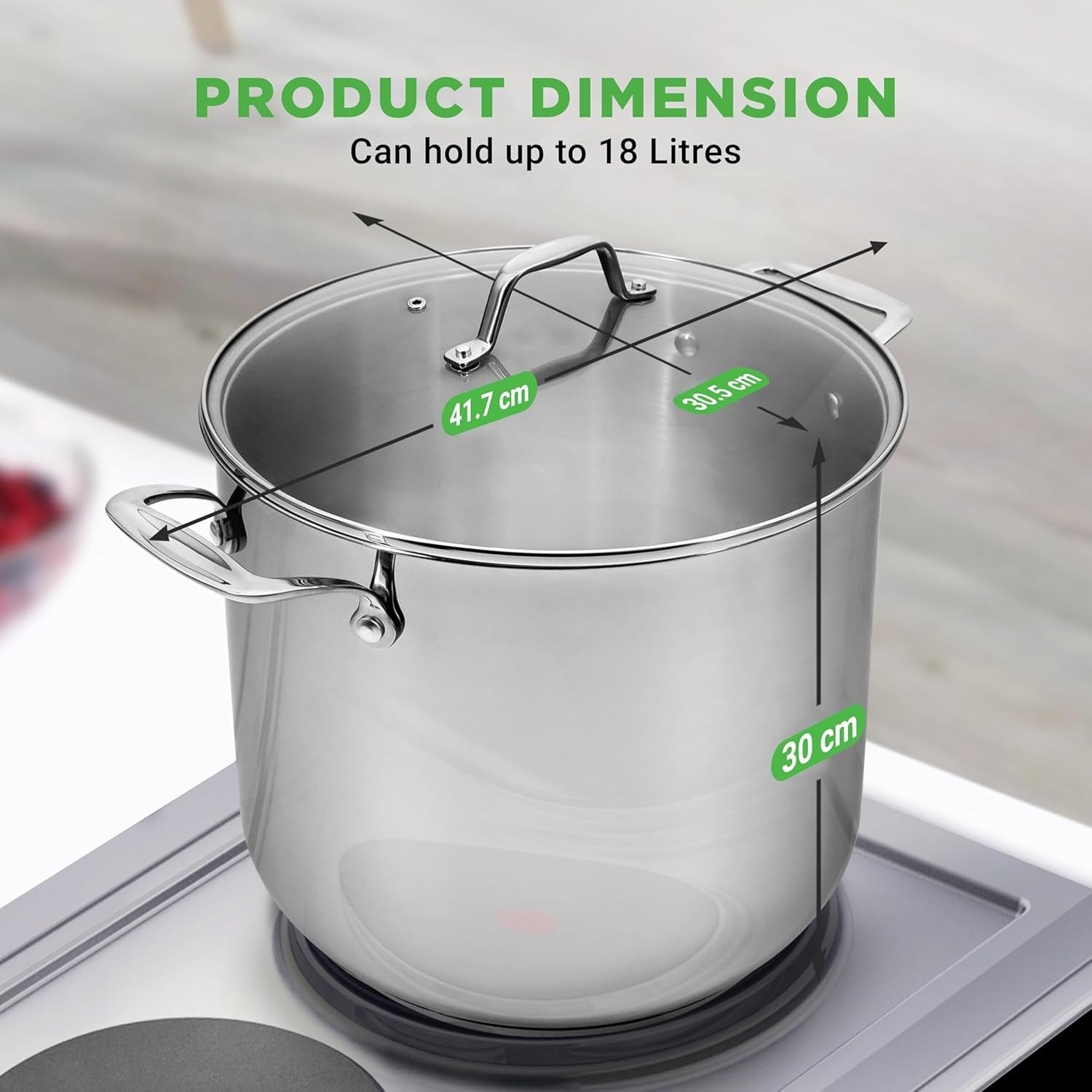 18 L Stainless Steel Stock Pot with Glass Lid Induction Ready Heavy Duty Soup