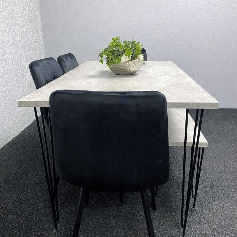 Grey Dining Table Set with Bench & 4 Black Velvet Chairs Hairpin Legs