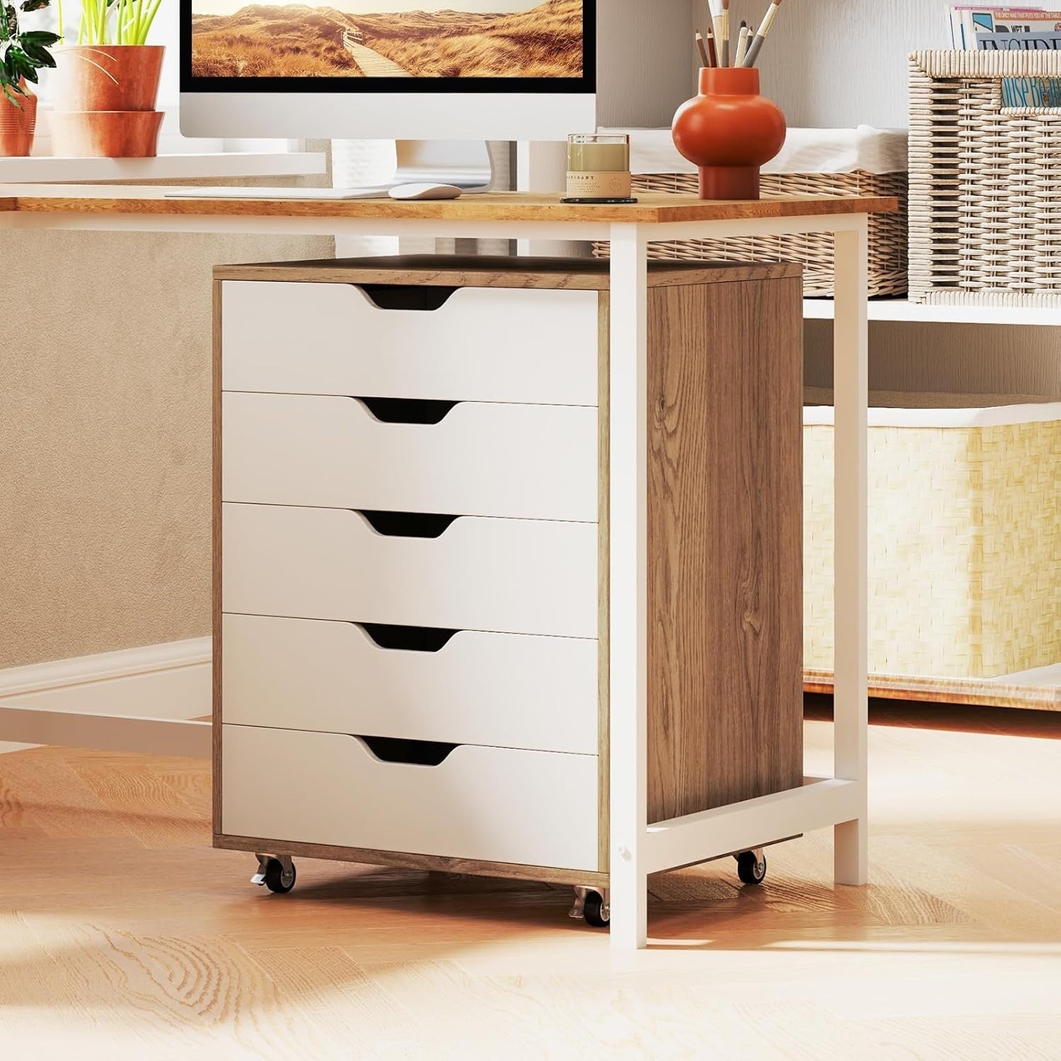 Natural White Mobile Filing Cabinet 7 Drawer Storage Unit Wheels for Home Office