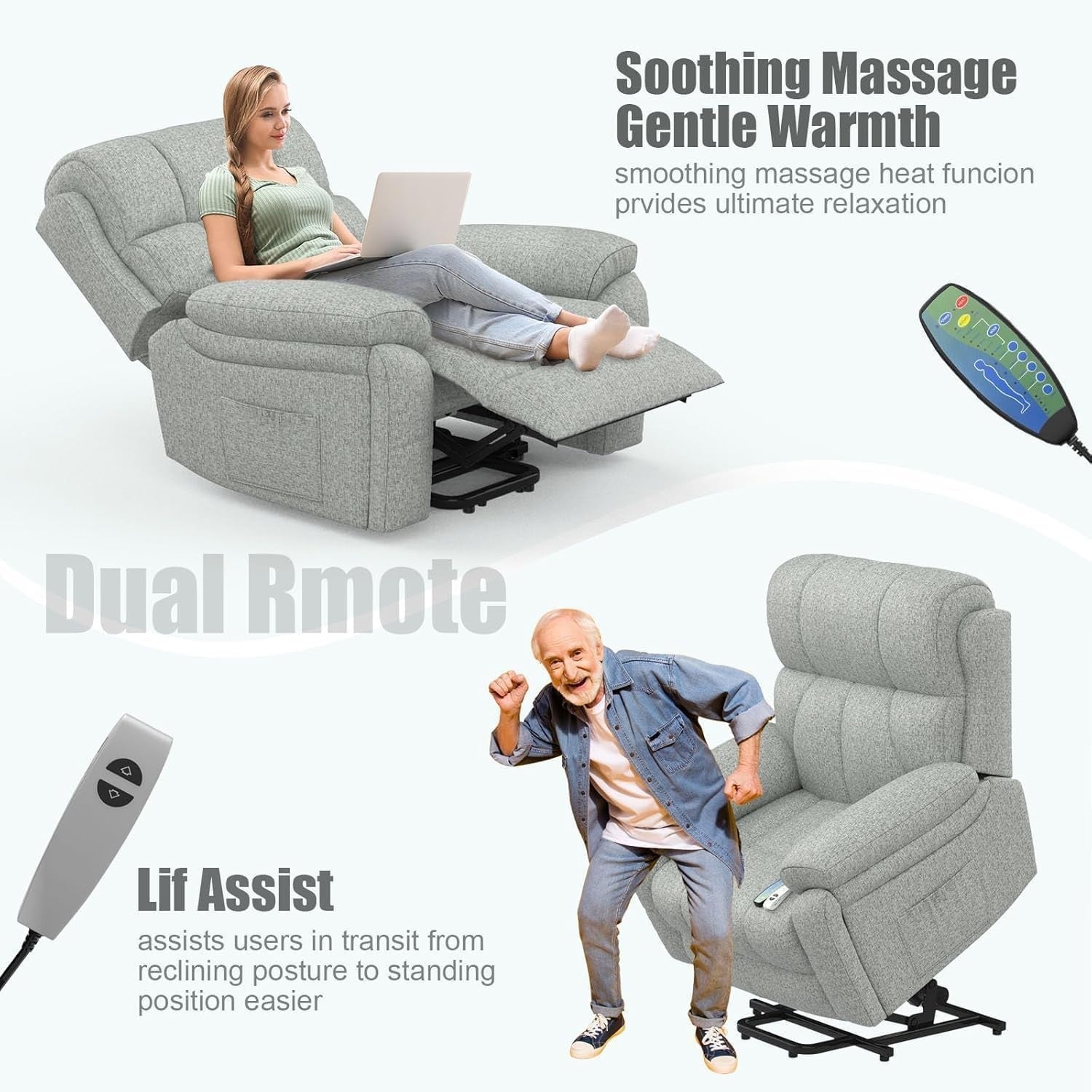 Oversize Lift Recliner Chair Massage Heat USB-C Footrest w/ Pockets Light Grey