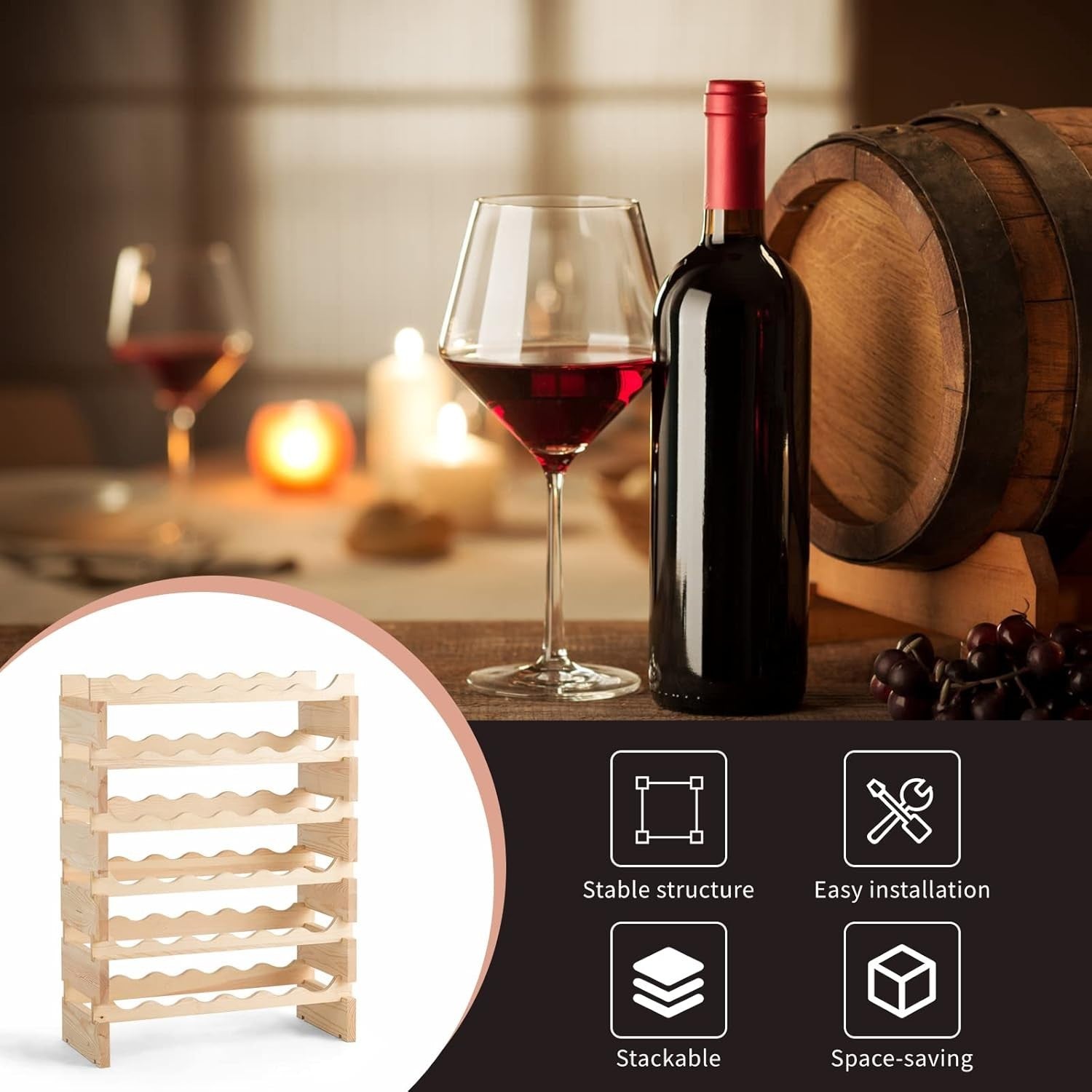 6 Tier Wooden Wine Rack for 36 Bottles Stackable Storage Shelf Home Bar