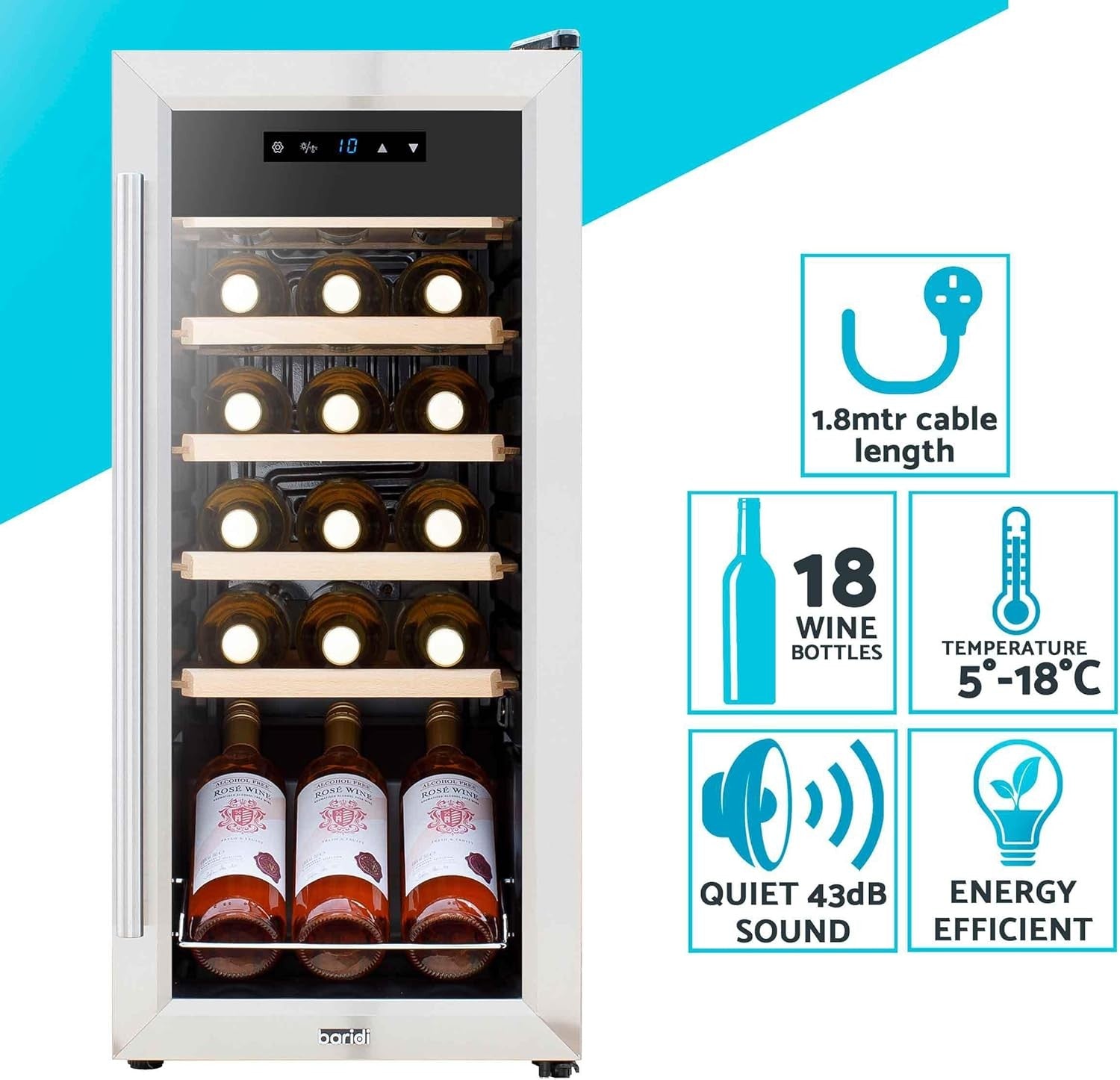 18 Bottle Wine Cooler Fridge Touch Control LED Glass Door Stainless Steel