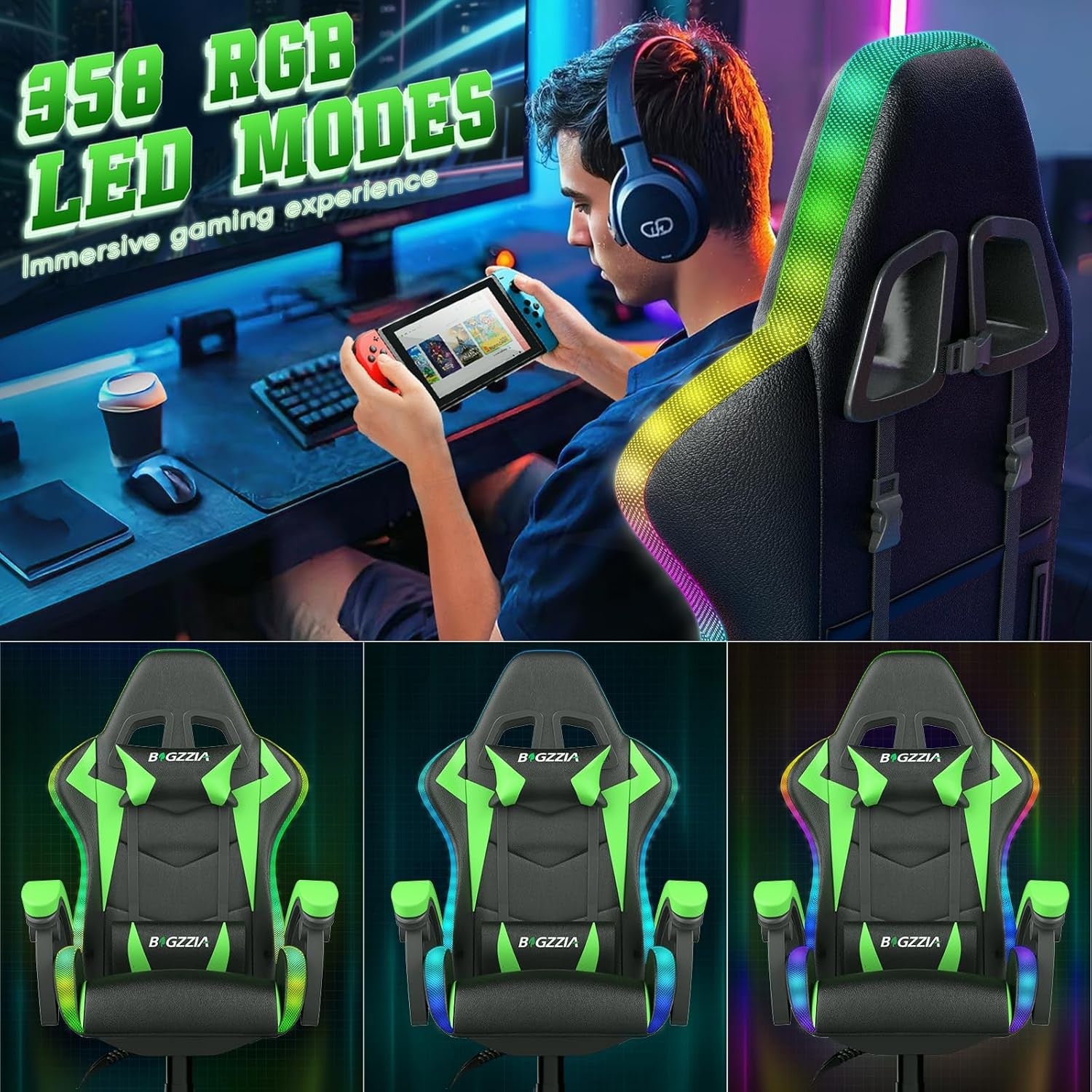 RGB LED Gaming Chair Reclining PU Leather Ergonomic Green