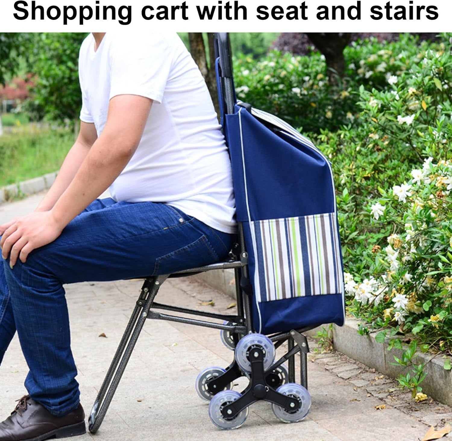 Shopping Trolley Stair Climber Foldable 2-in-1 Wheels with Seat