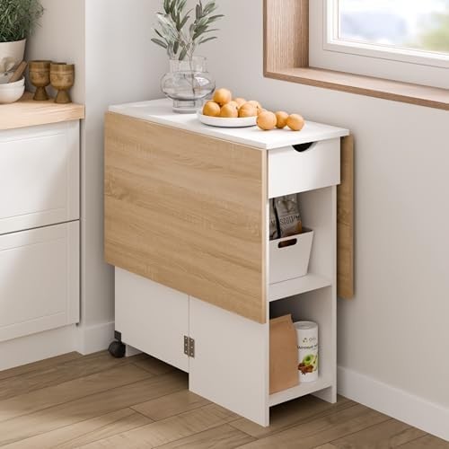 Drop Leaf Folding Dining Table with Drawer Shelves Wheels Oak White Small Space