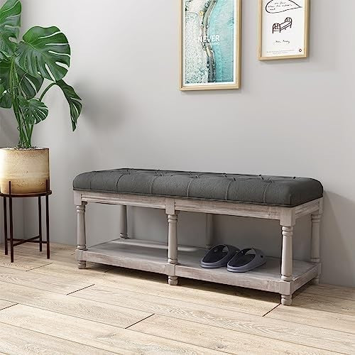 Grey Upholstered Bed End Bench with Shelf, Tufted Seat Storage Ottoman