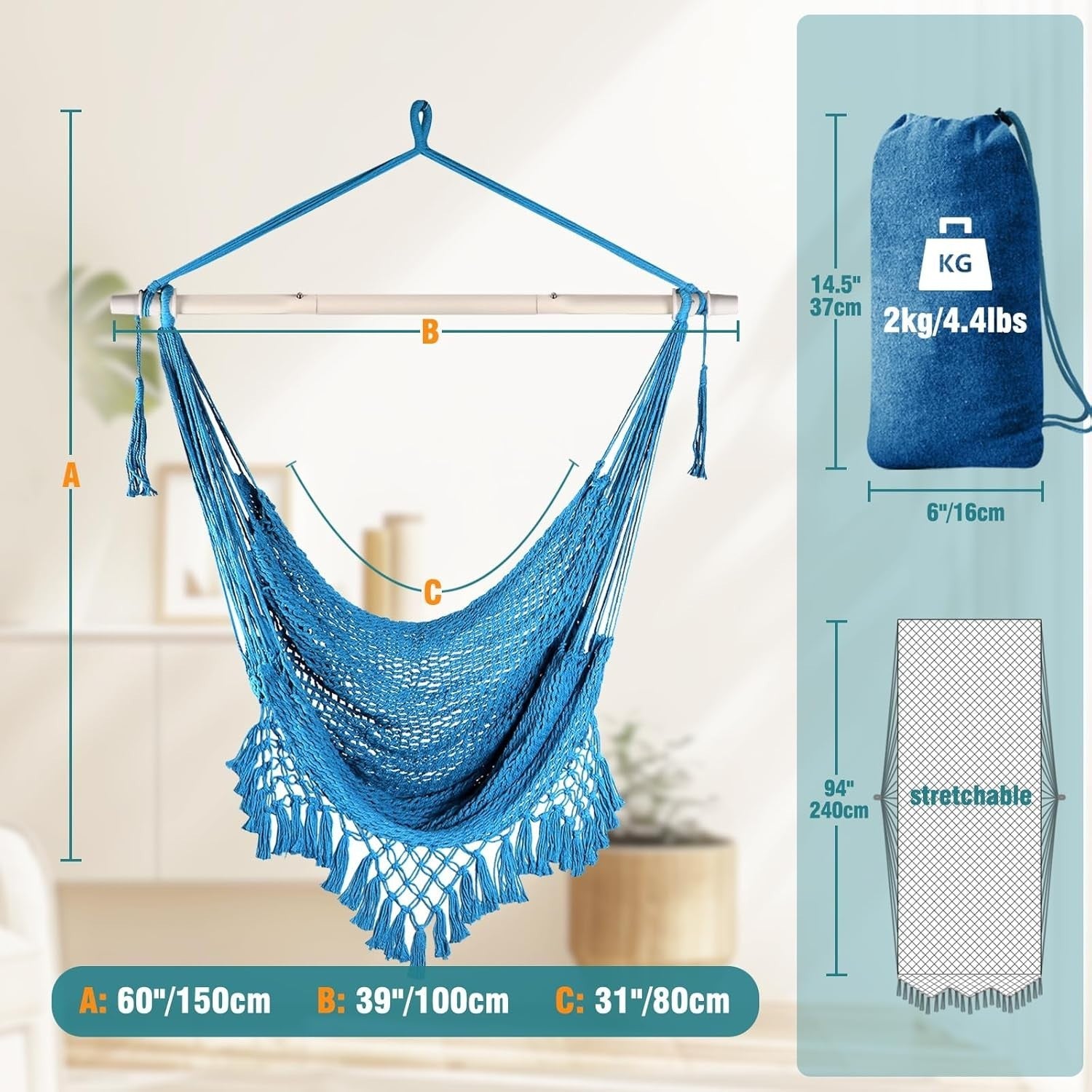 Royal Blue Hanging Hammock Chair – Breathable Mesh, Indoor Outdoor, 120kg Max