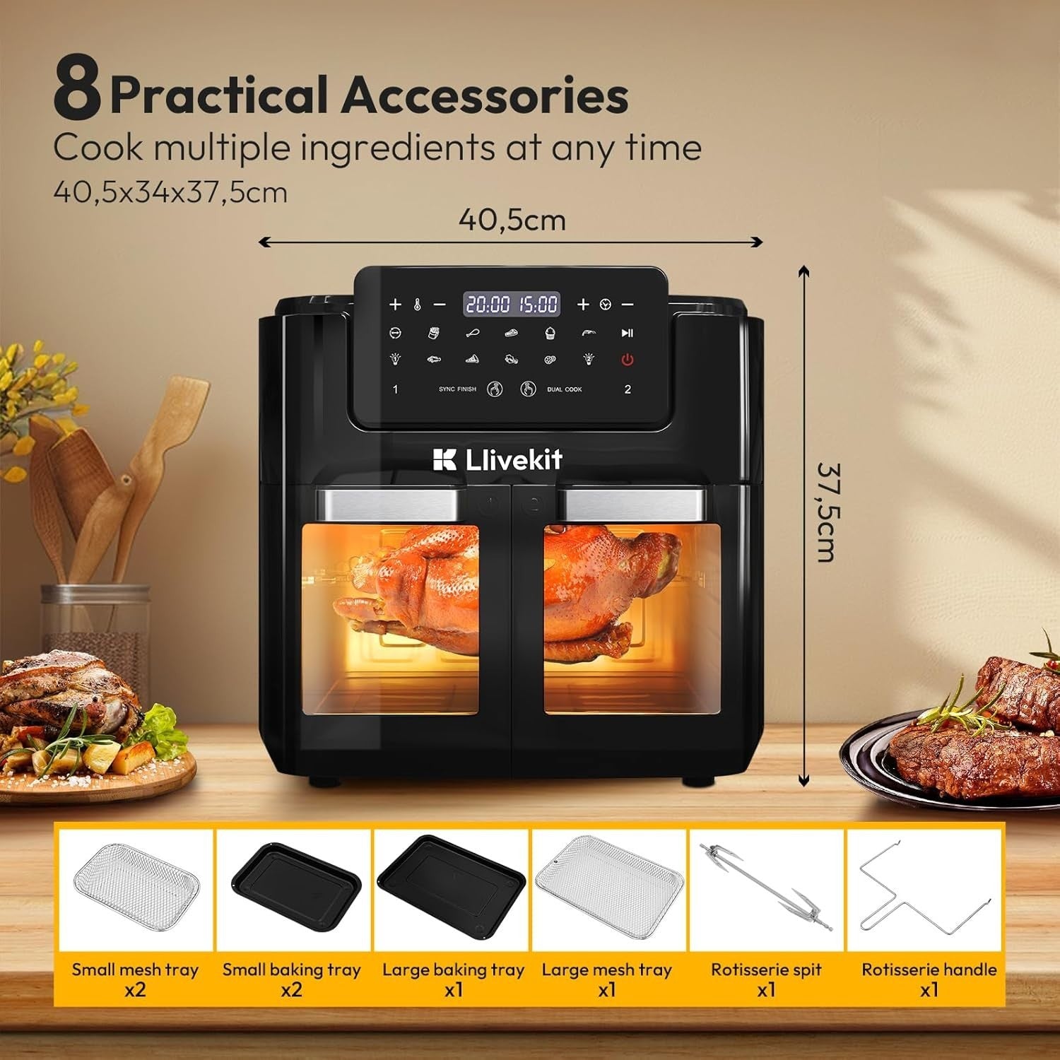 Dual Zone Air Fryer Oven 15L Rotisserie Sync Finish 12-in-1 2600W Window