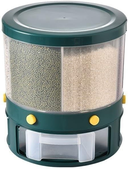 10KG 360° Rotating Rice Dispenser 6 Grid Grain Storage Container