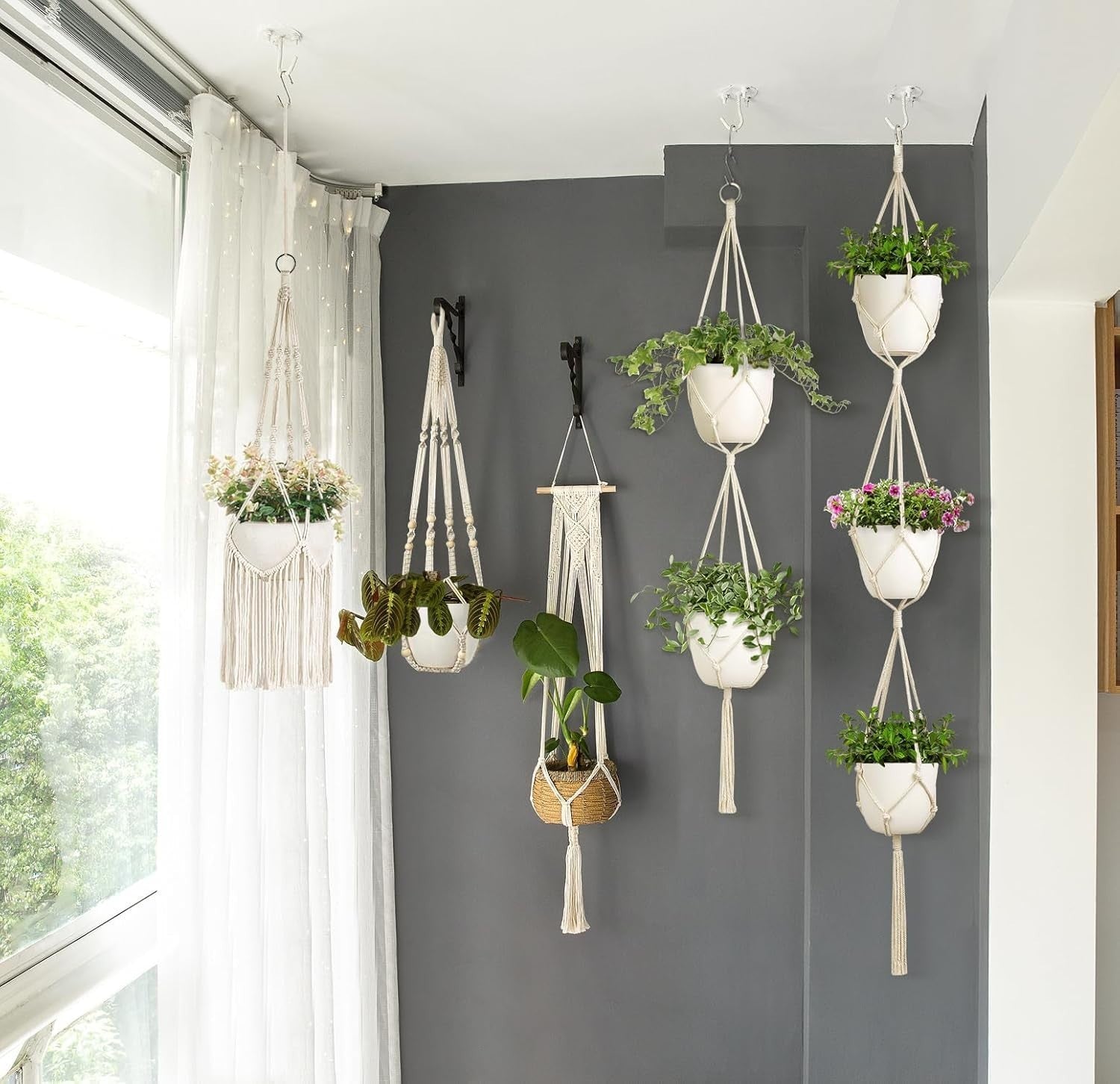 Boho Macrame Plant Hangers Set of 5 Indoor/Outdoor Cotton Planters