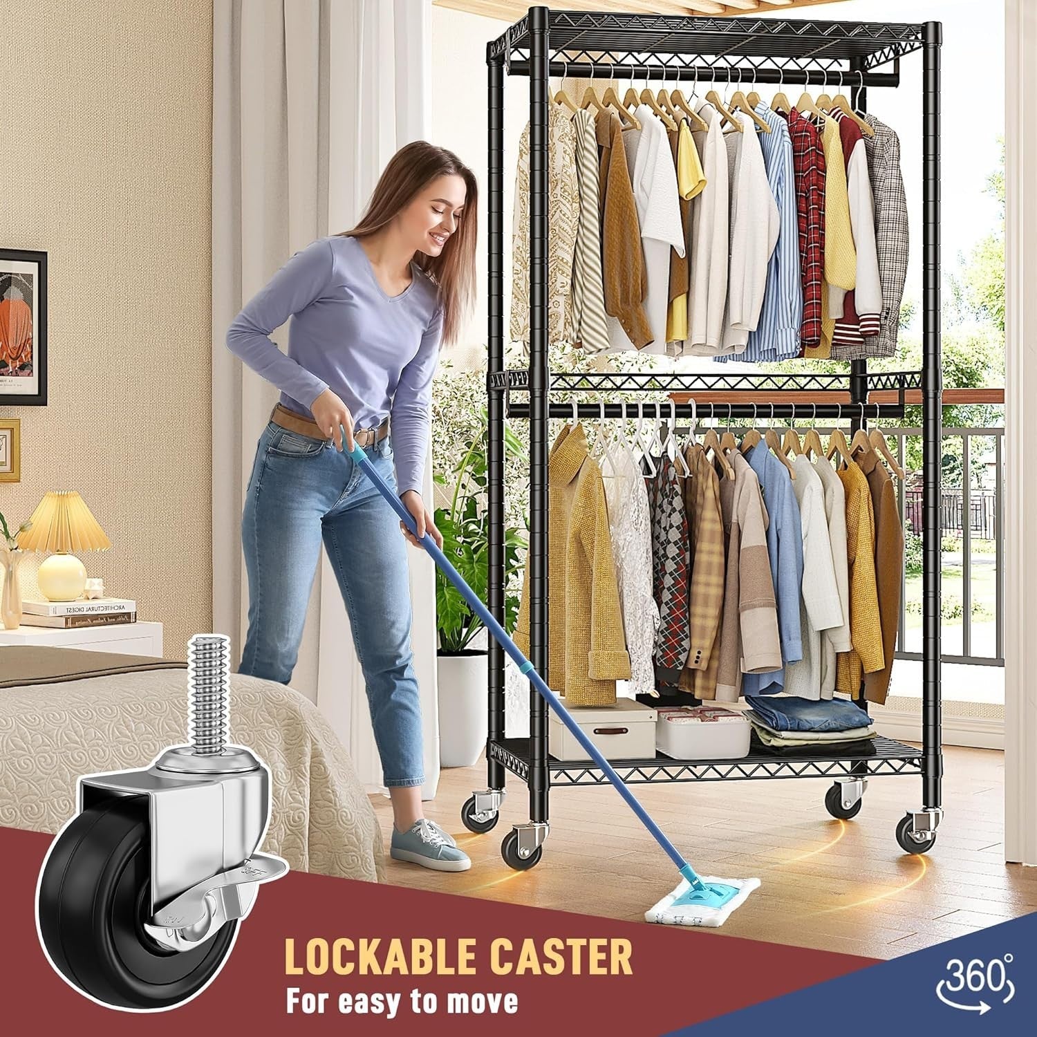 Heavy Duty Clothes Rail with Shelves & Wheels – Black 200cm