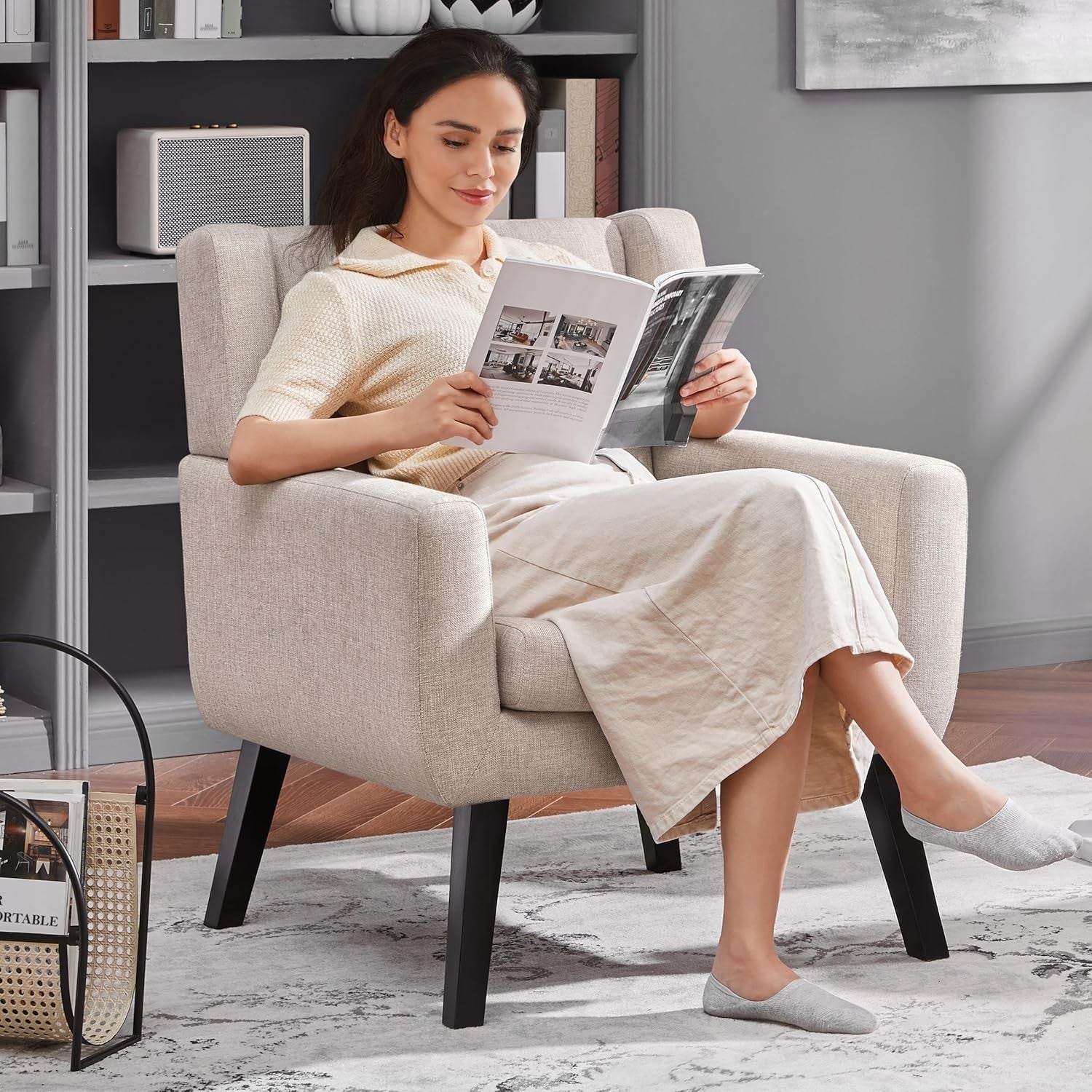 Tub Chair Button‑Tufted Linen Accent Armchair Modern Cozy Seat Beige