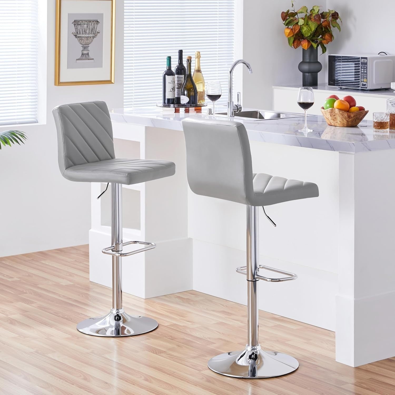 Light Grey Adjustable Swivel Bar Stools Set of 2 Faux Leather Chairs