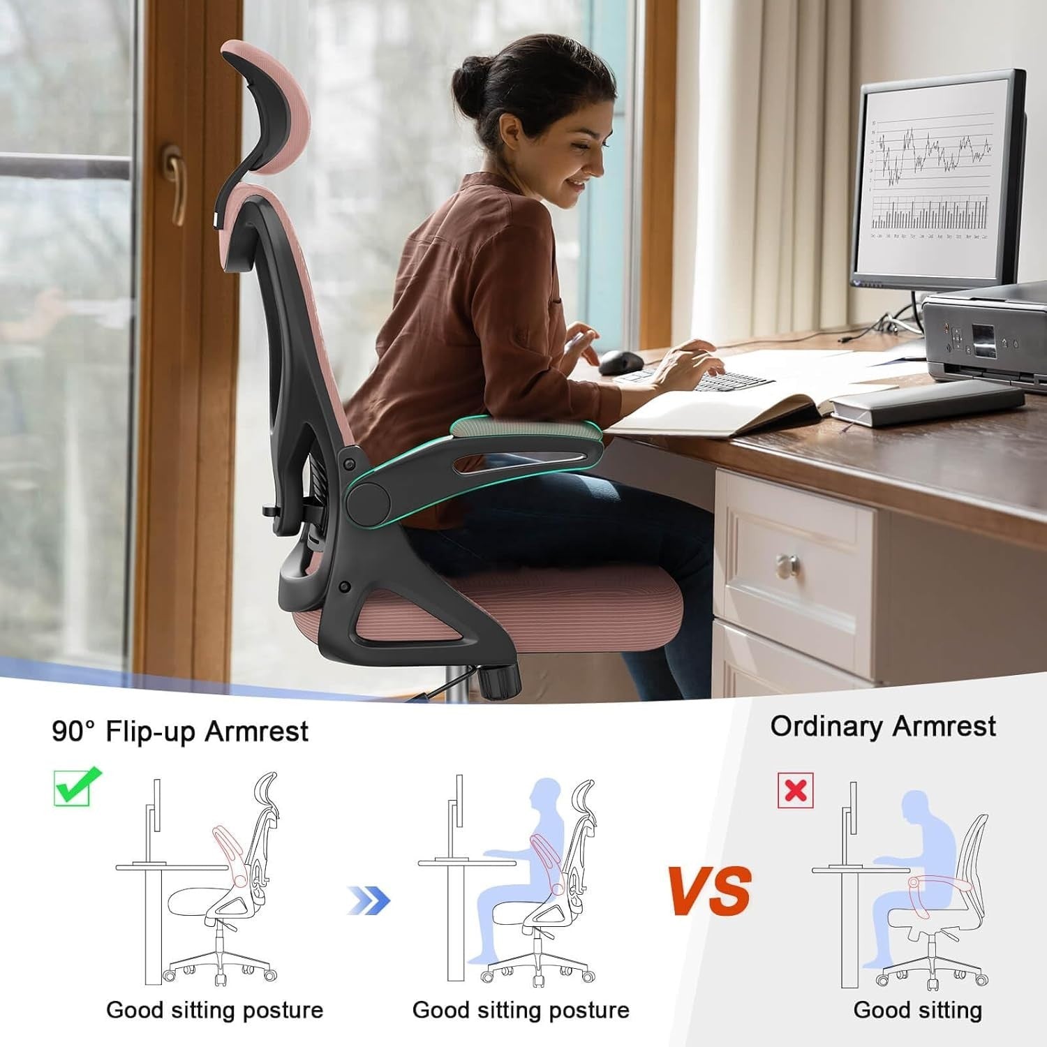 Ergonomic Mesh Office Chair Pink High Back Flip-Up Armrest Lumbar Support