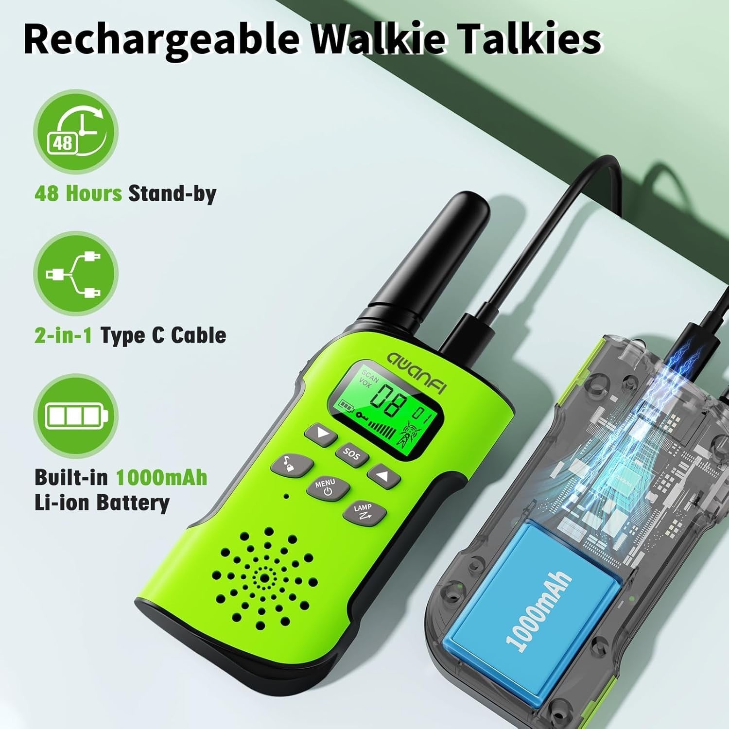 Kids Rechargeable Walkie Talkies 2 Pack Long Range VOX USB-C Radios