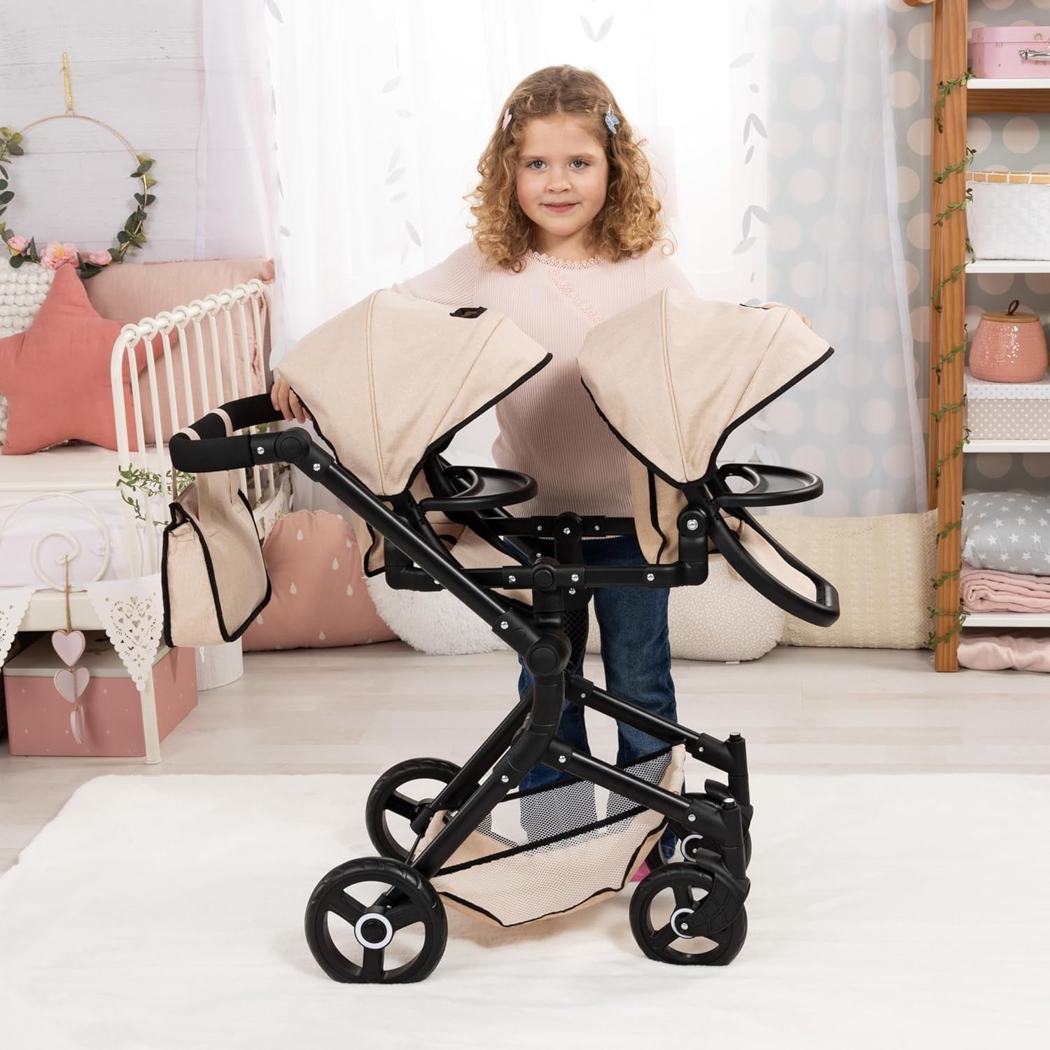 Twin Doll Pram Tandem Stroller Adjustable Reversible Handle Foldable 46cm