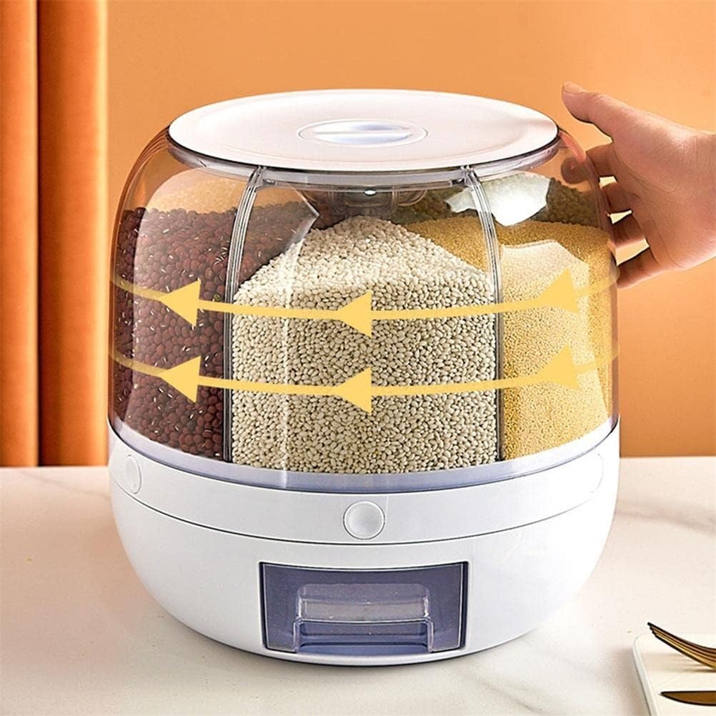 12L Rotating Rice Dispenser 6 Grid Transparent Grain Storage Box