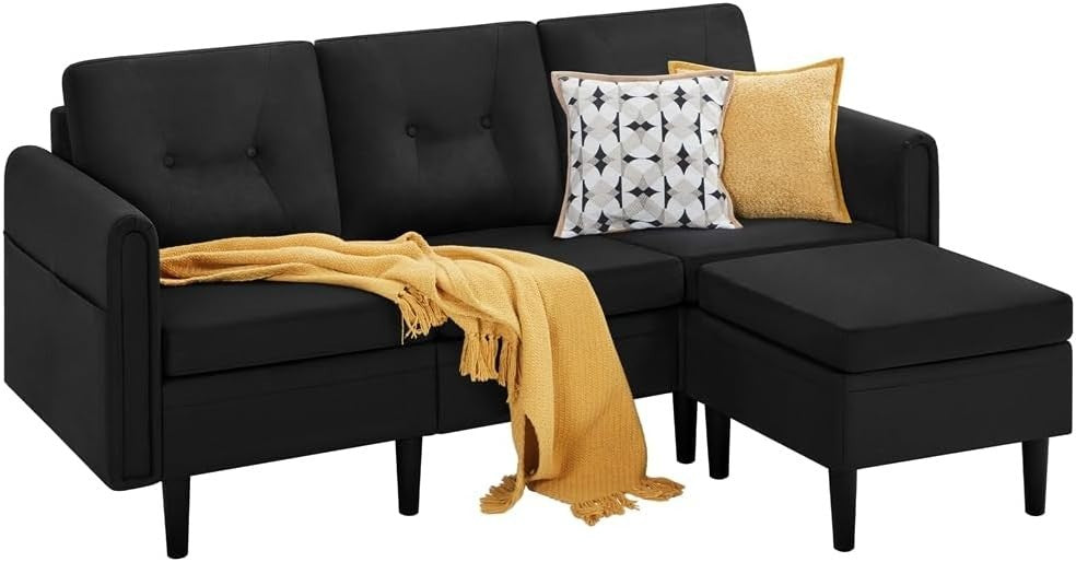 Velvet Black L-Shaped Corner Sofa with Ottoman 3-Seater Chaise for Small Spaces