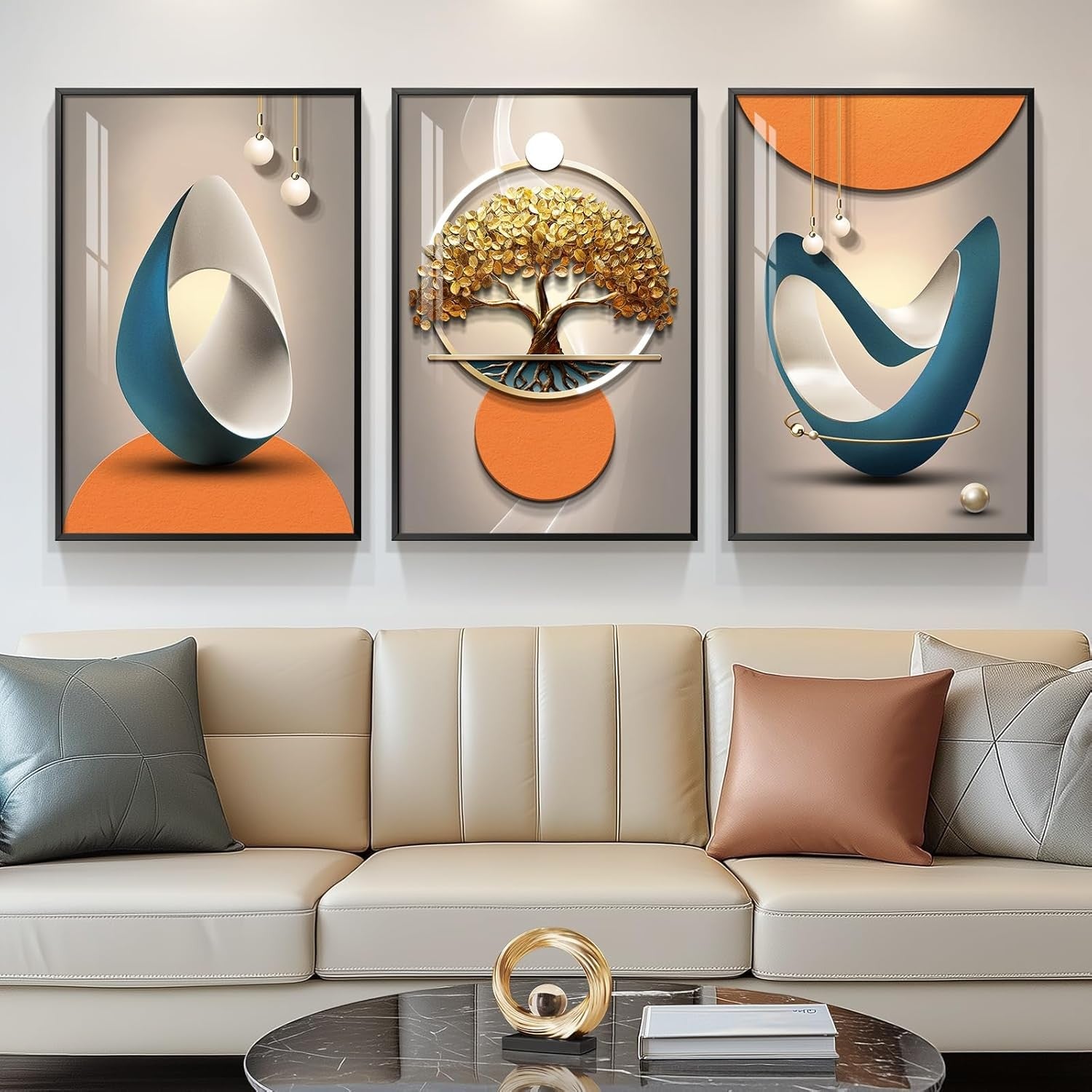 Framed Abstract Wall Art Set of 3 Modern Orange Grey Prints