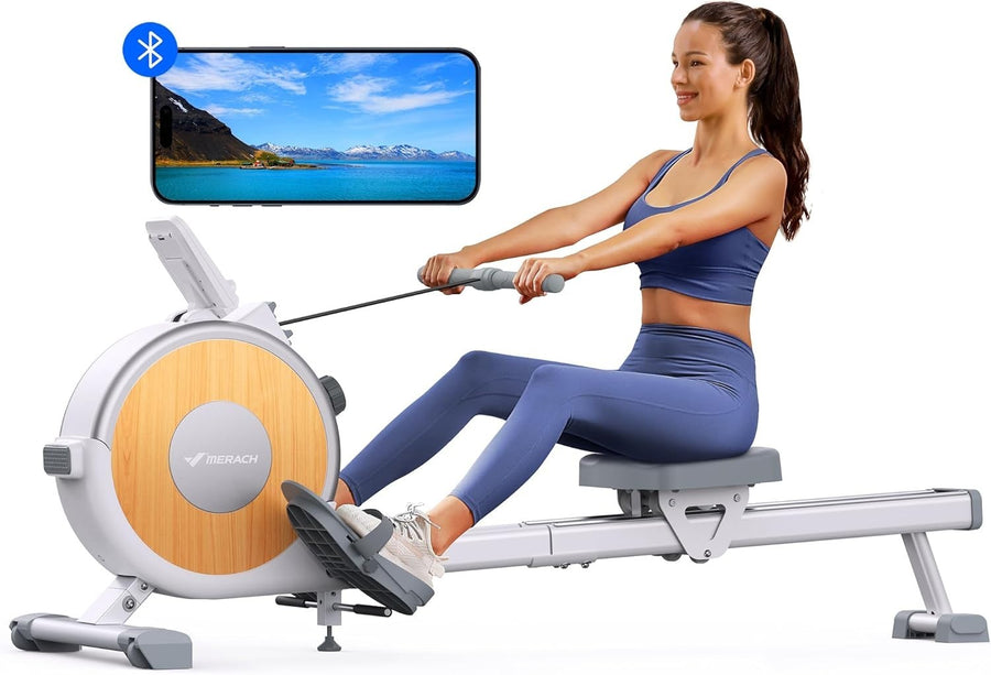 Wood Water Rowing Machine 22L Tank 6-Level Resistance Quiet App Compatible Home