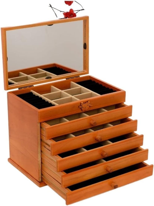 Small Lockable Wooden Jewelry Box 5 Drawer Organizer Velvet Lined