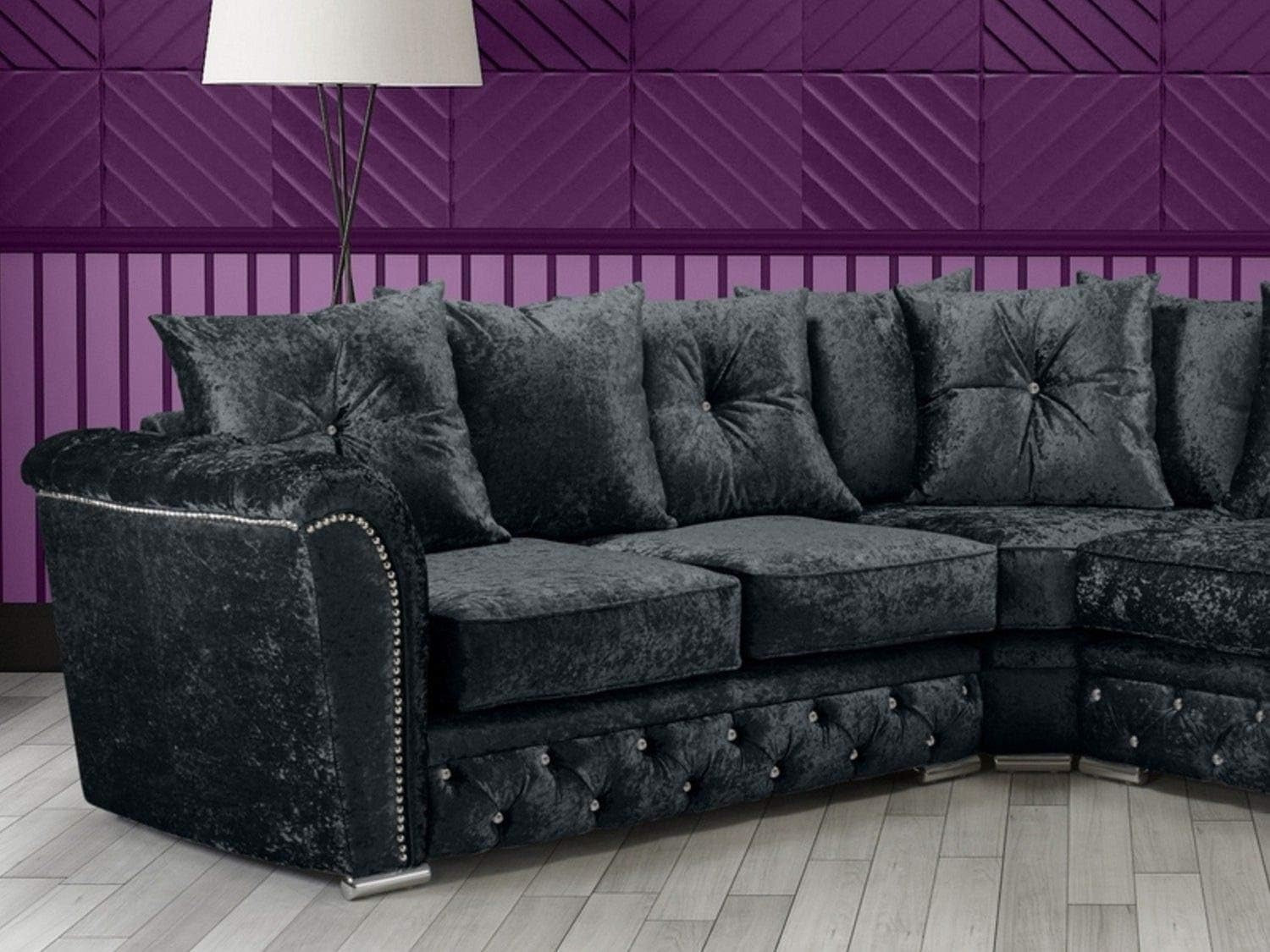 Crushed Velvet Chesterfield Corner Sofa – Black L-Shape, 220cm, UK Made