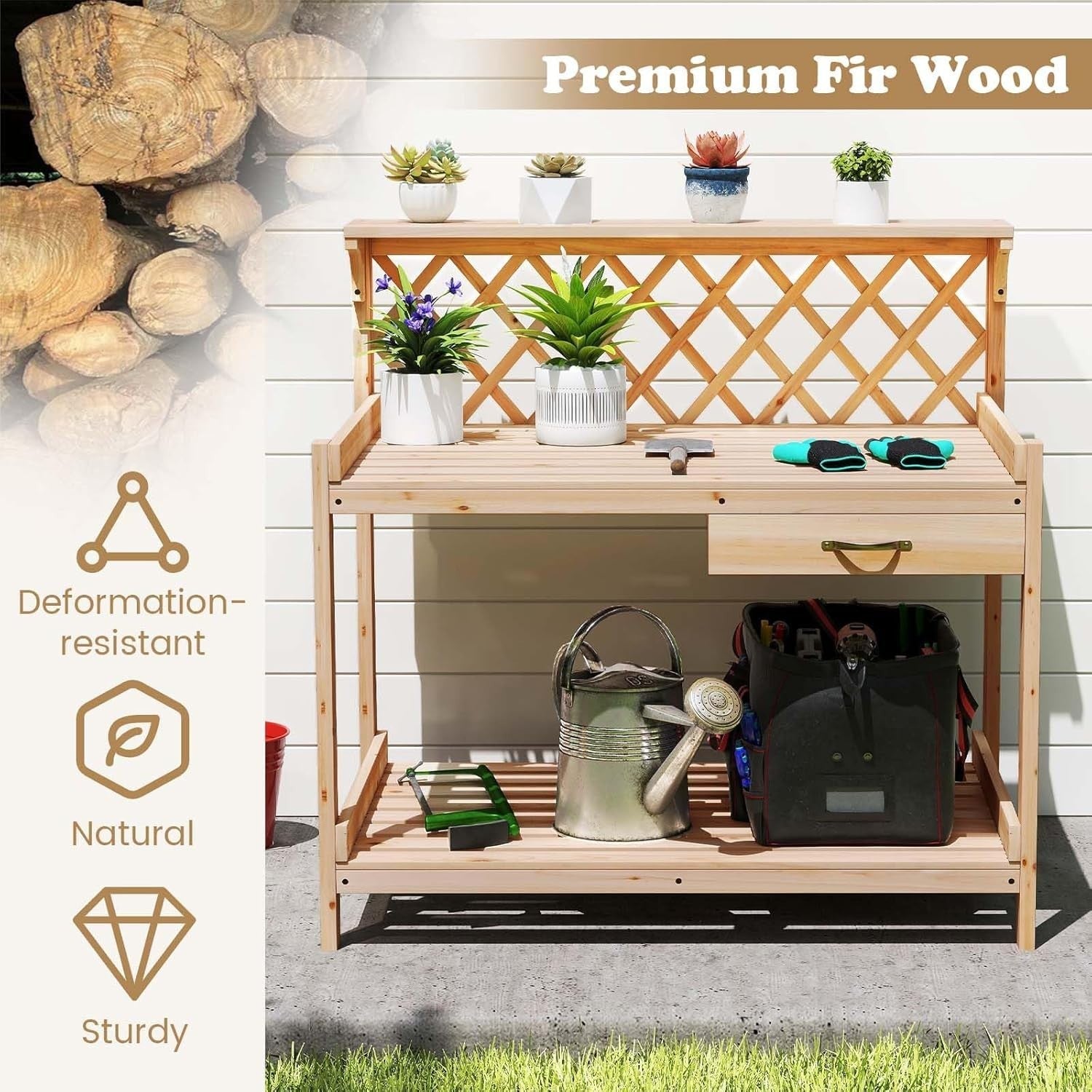 Wooden Garden Potting Table Bench w/ Trellis Drawer Shelves Fir Wood 90x59