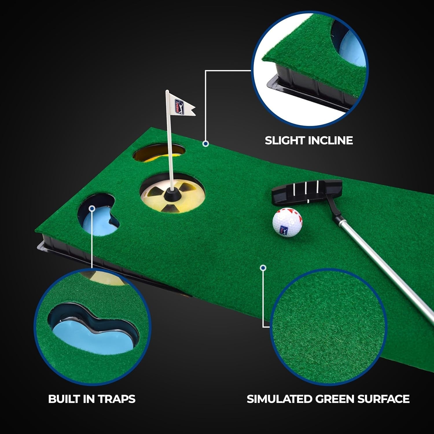 Golf Putting Mat Indoor Practice Set w/ Flag Target, Putter & Balls