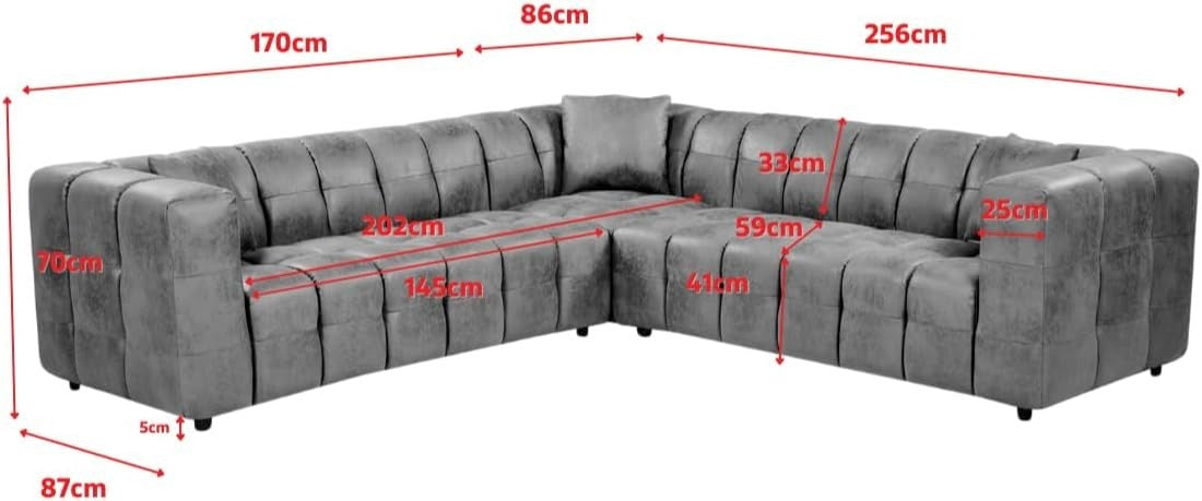Grey Faux Leather 5 Seater L Shaped Corner Sofa – Deep Seats + Cushions