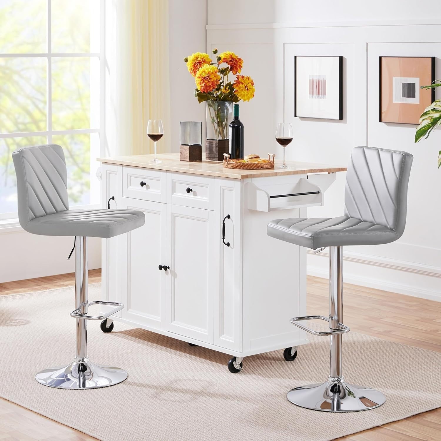 Light Grey Adjustable Swivel Bar Stools Set of 2 Faux Leather Chairs