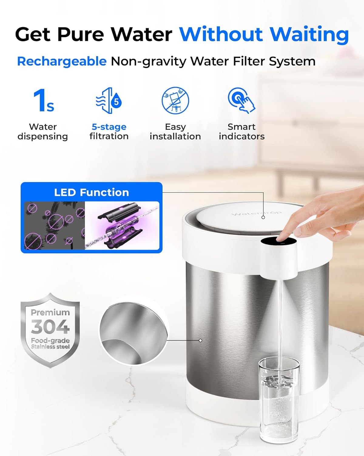 Electric Water Filter Dispenser UV Light Stainless Steel 5.3L Rechargeable