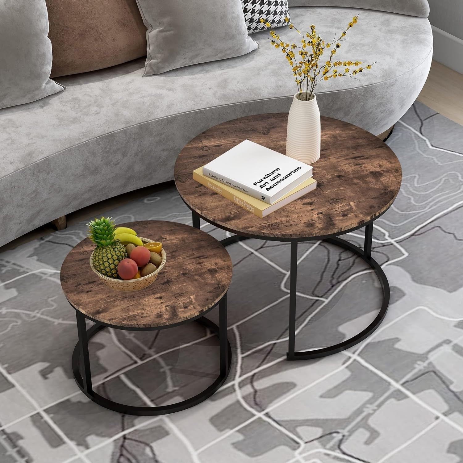 Space Saving Nesting Coffee Tables Set of 2 Rustic Brown Wood Living Room