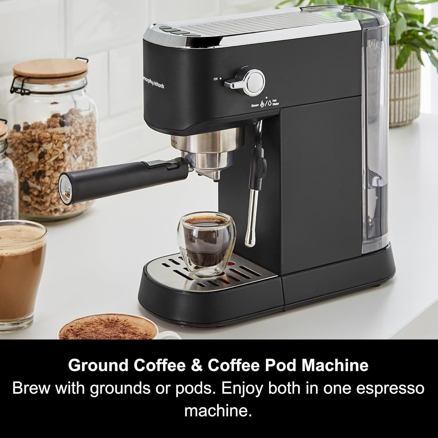 Compact Espresso Machine 15 Bar Pump, Dual Cup, Milk Frother, 1L Tank, Black