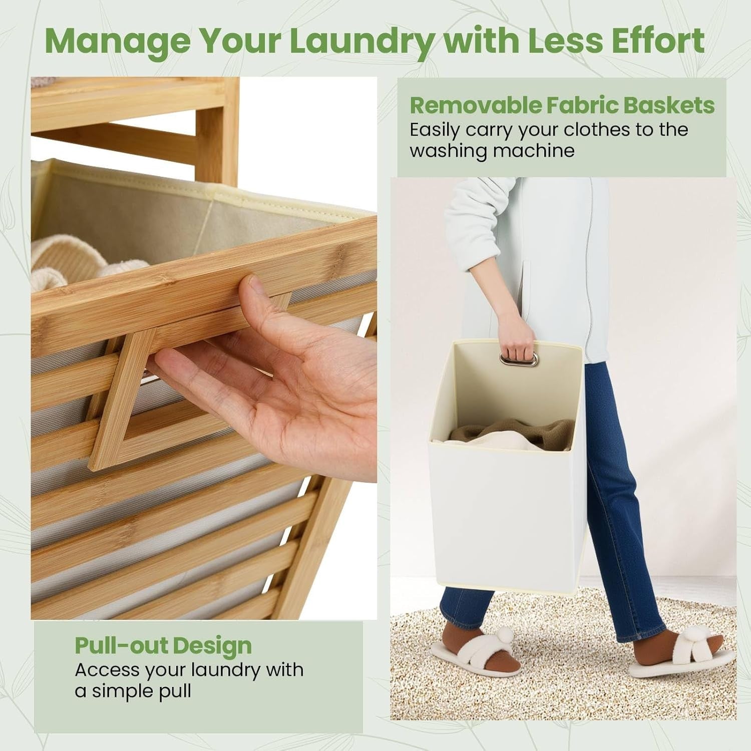 75L Bamboo Laundry Hamper Tilt-Out 2 Bin Storage Unit with Shelf Natural Wood